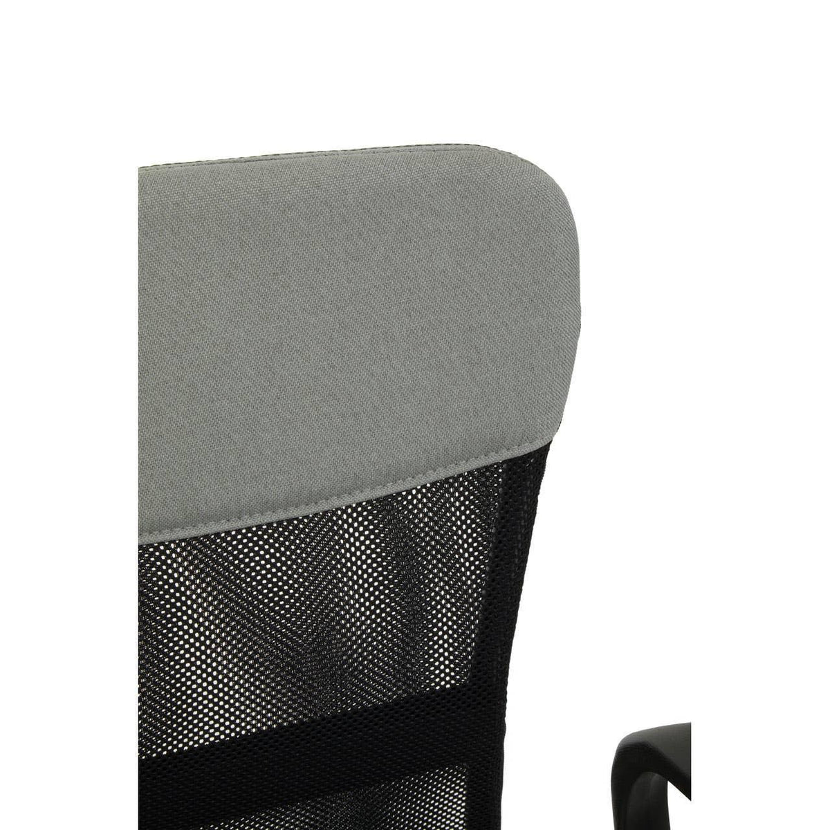 Mesh office chair backrest with grey fabric headrest and black frame detail