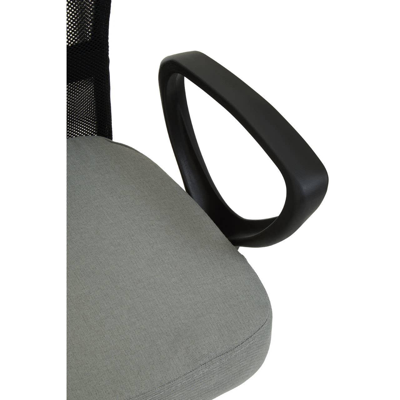 Grey office chair seat with black mesh back and curved black armrest closeup