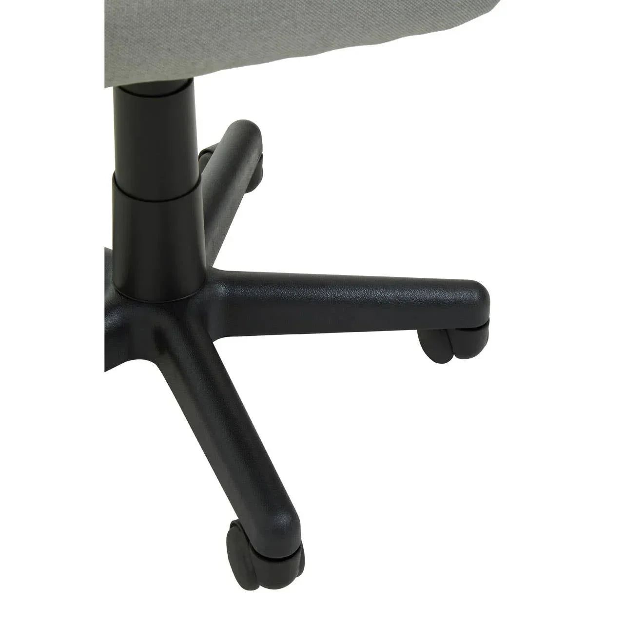 black office chair base with five wheels and grey upholstered seat close up