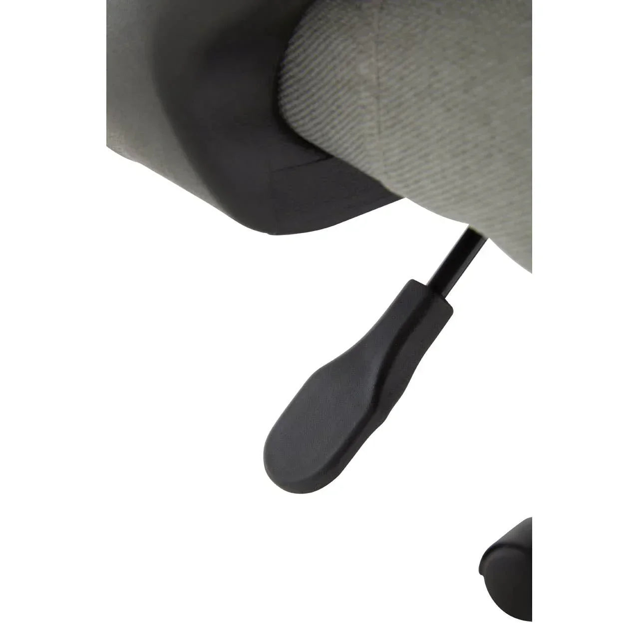 Office chair lever with black handle under fabric seat