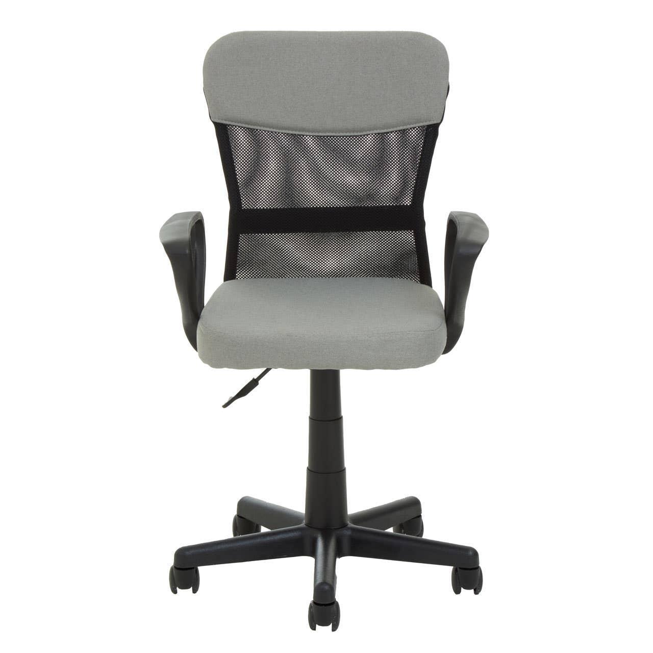 Grey mesh office chair with armrests and adjustable height on black swivel base