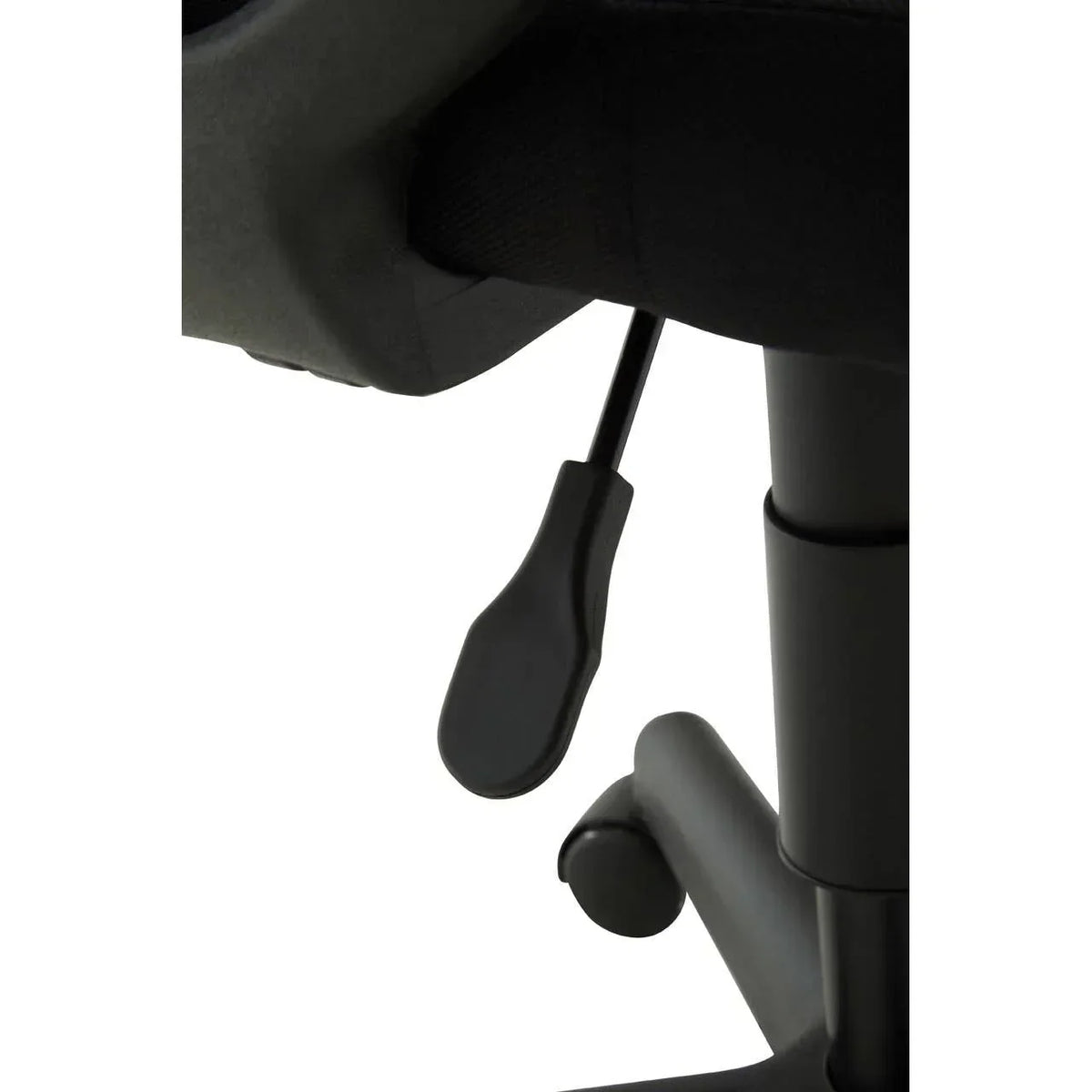 Black office chair seat height adjustment lever and wheel base in close view