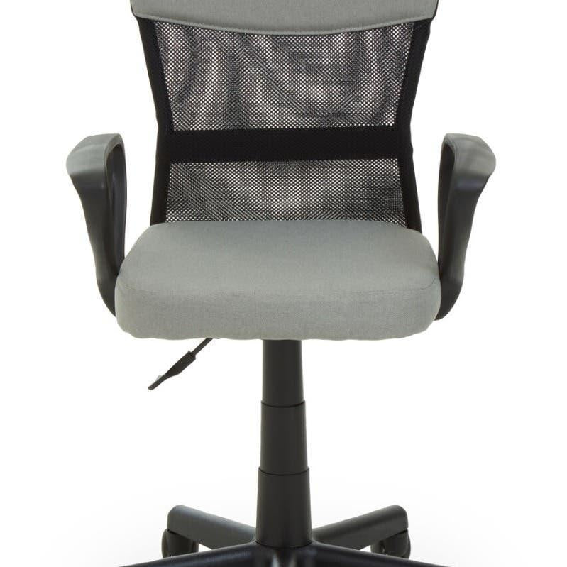 Grey mesh office chair with black armrests and wheels, front view