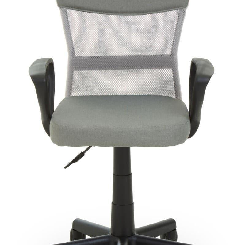 Grey mesh office chair with padded seat, armrests and five-wheel black base