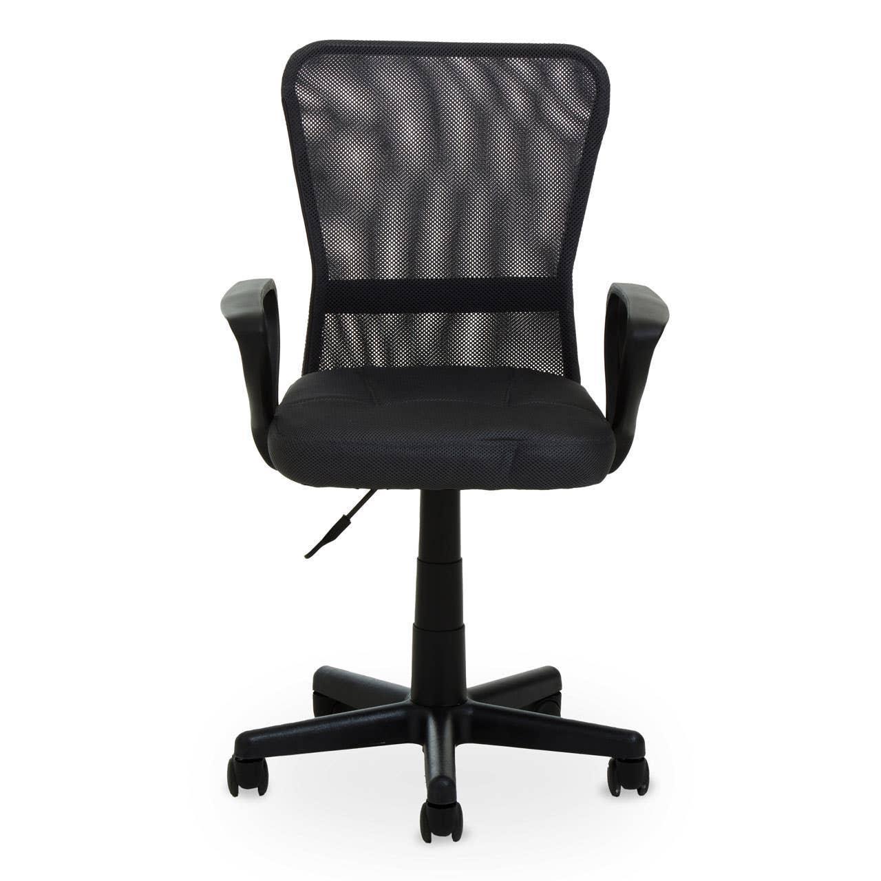 Black mesh office chair with adjustable height and armrests on caster wheels
