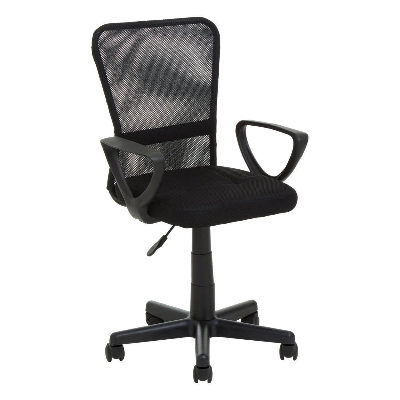 Black mesh office chair with armrests and adjustable height on caster wheels