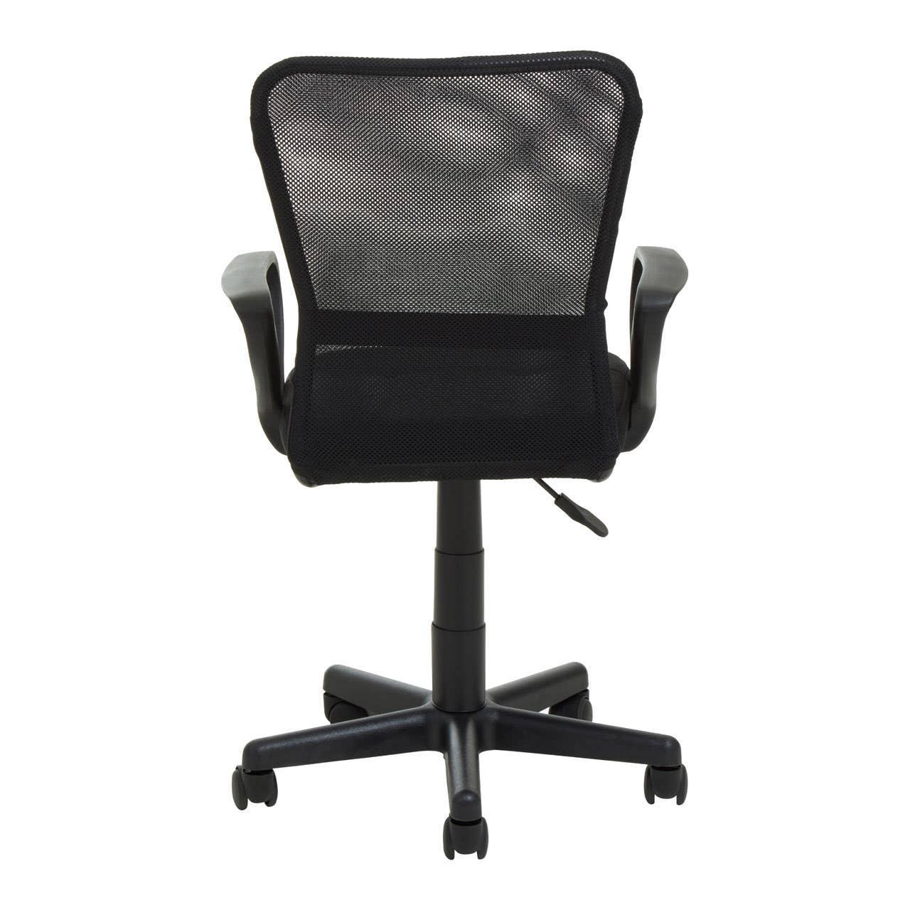 Black mesh office chair rear view with armrests and five-wheel base