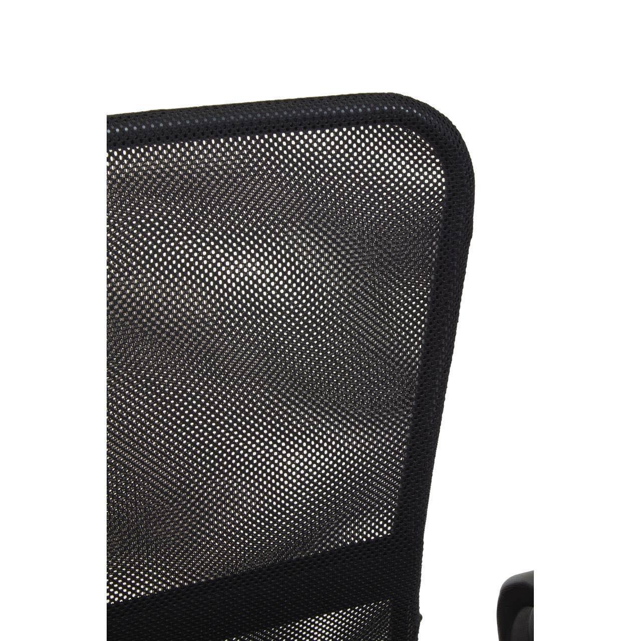 Black mesh office chair backrest close-up showing breathable material and frame edge