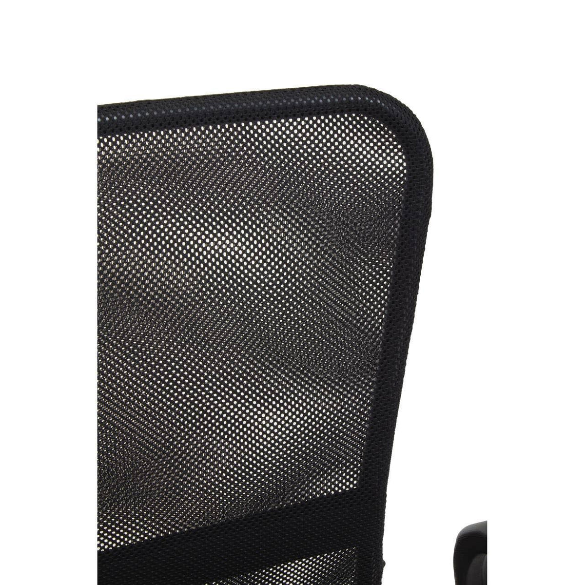Black mesh office chair backrest close-up showing breathable material and frame edge