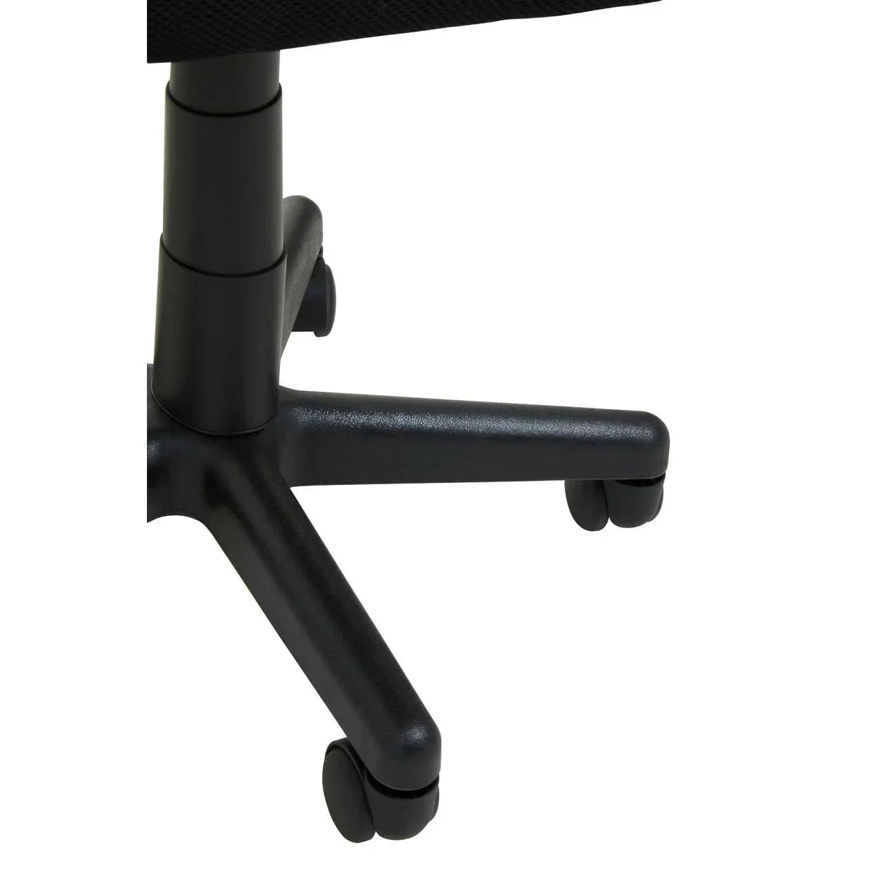 Black office chair base with caster wheels, close-up view of sturdy metal support legs