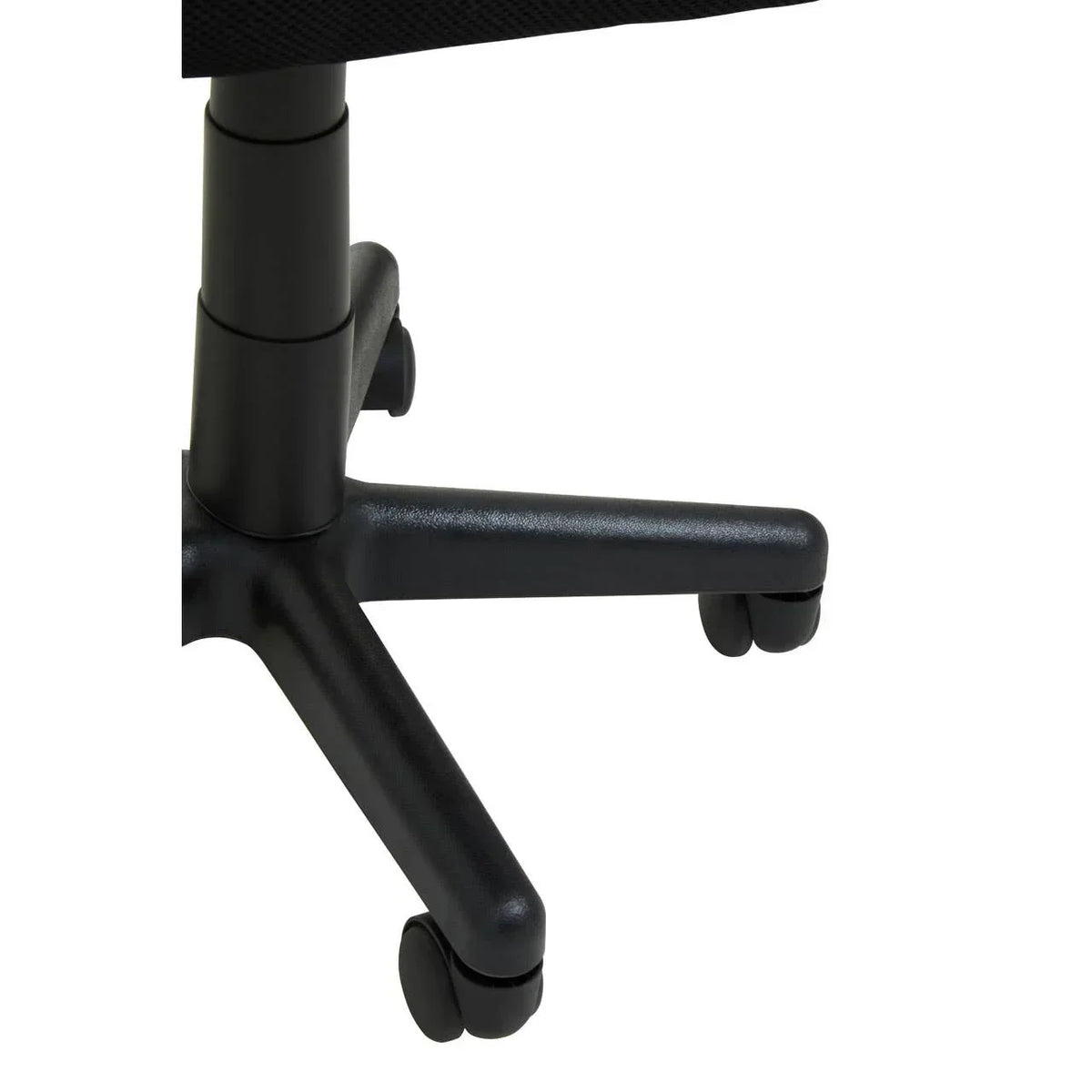 Black office chair base with caster wheels, close-up view of sturdy metal support legs