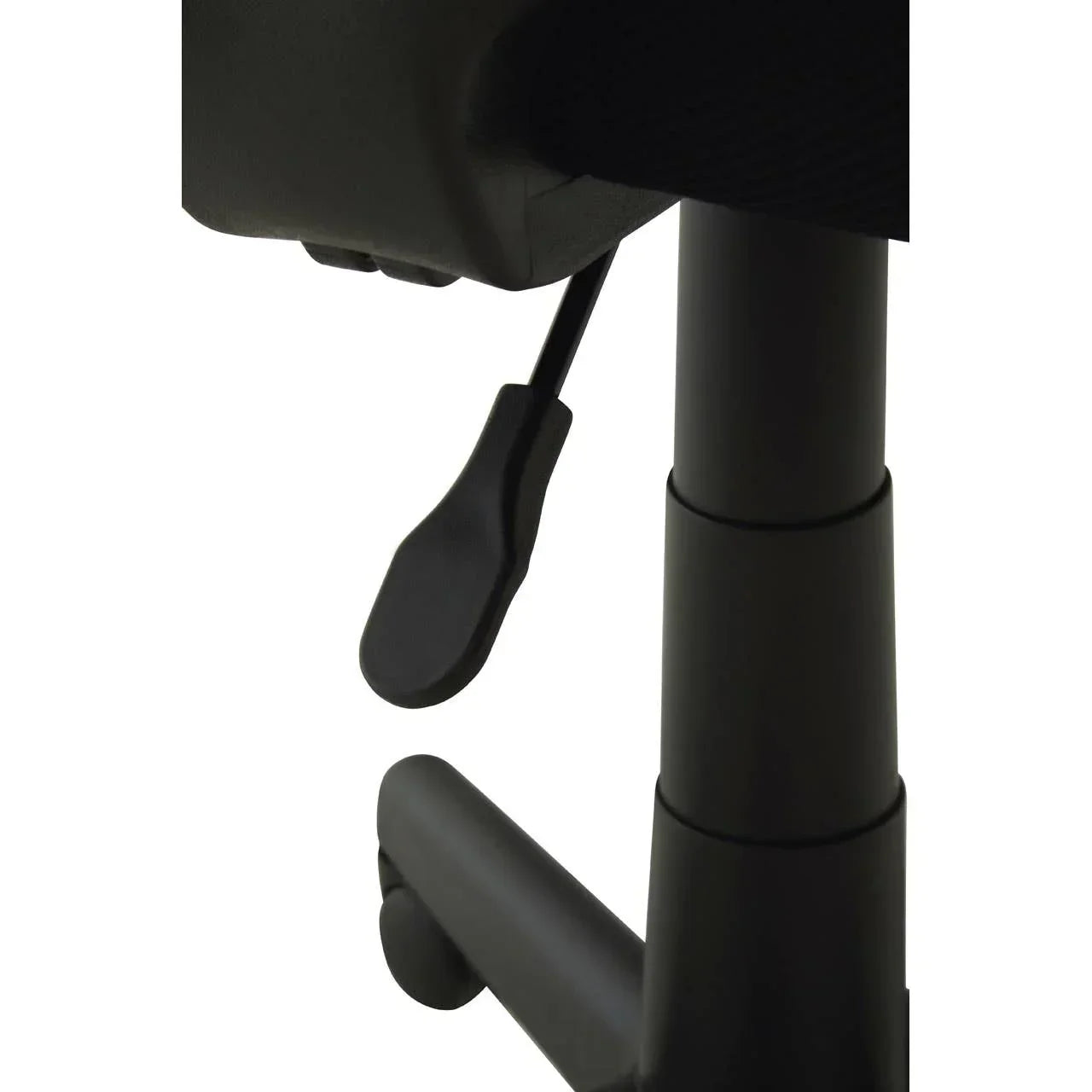 black office chair height adjustment lever and gas lift base close-up