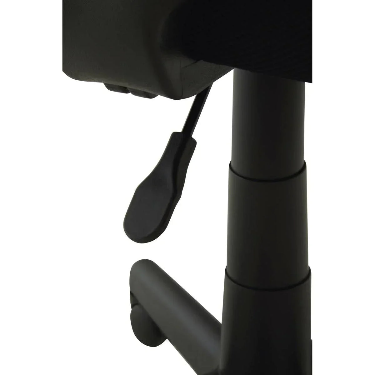 black office chair height adjustment lever and gas lift base close-up