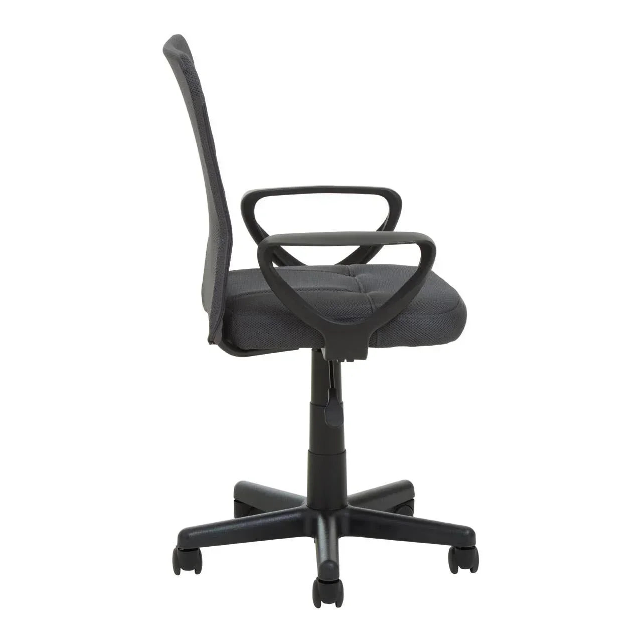 Grey fabric office chair with black armrests and five-wheel base, side profile view