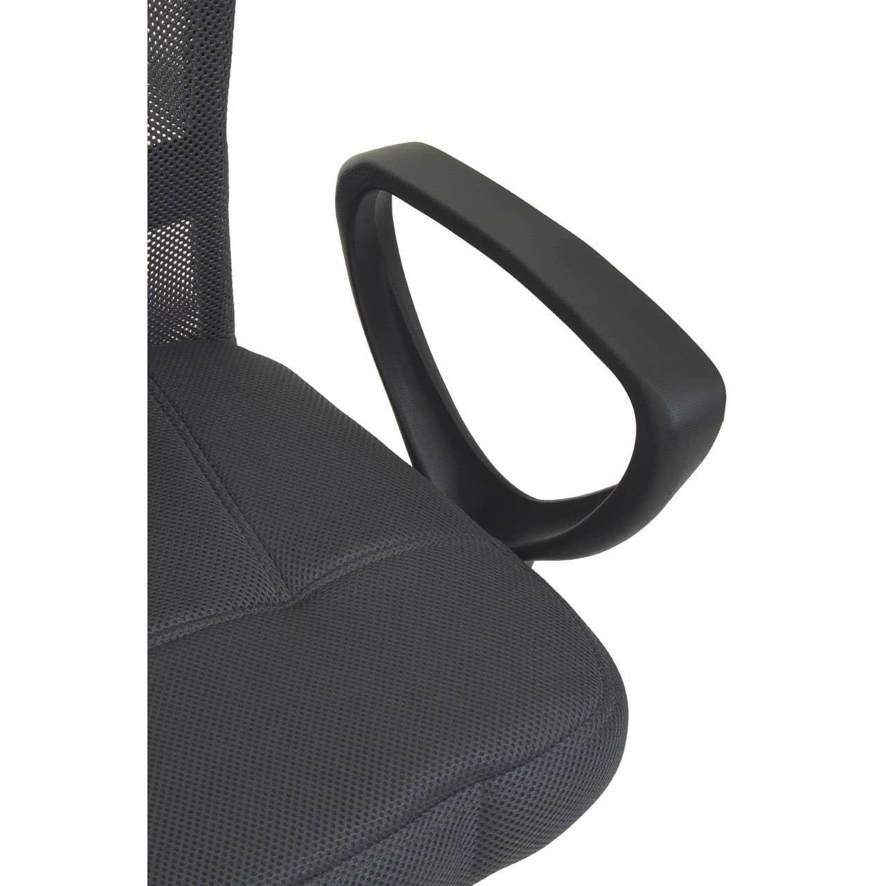 Black mesh office chair with padded seat and curved plastic armrest