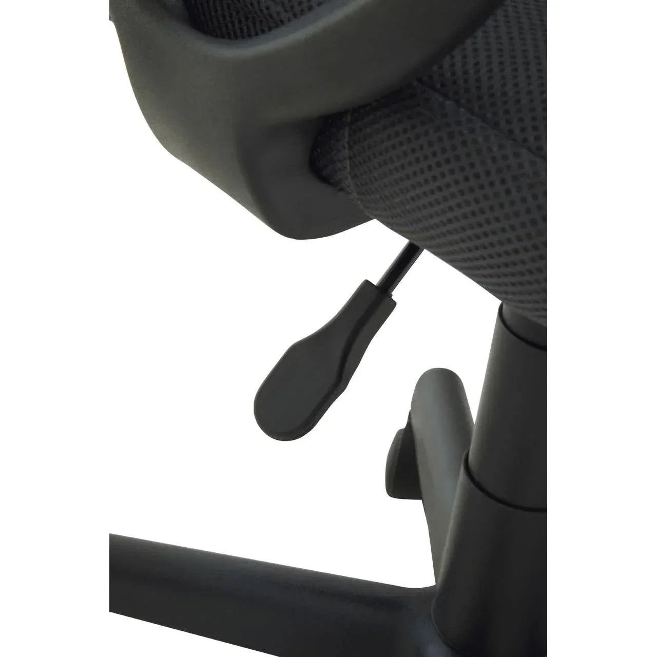 Closeup of black mesh office chair seat with height adjustment lever and sturdy base