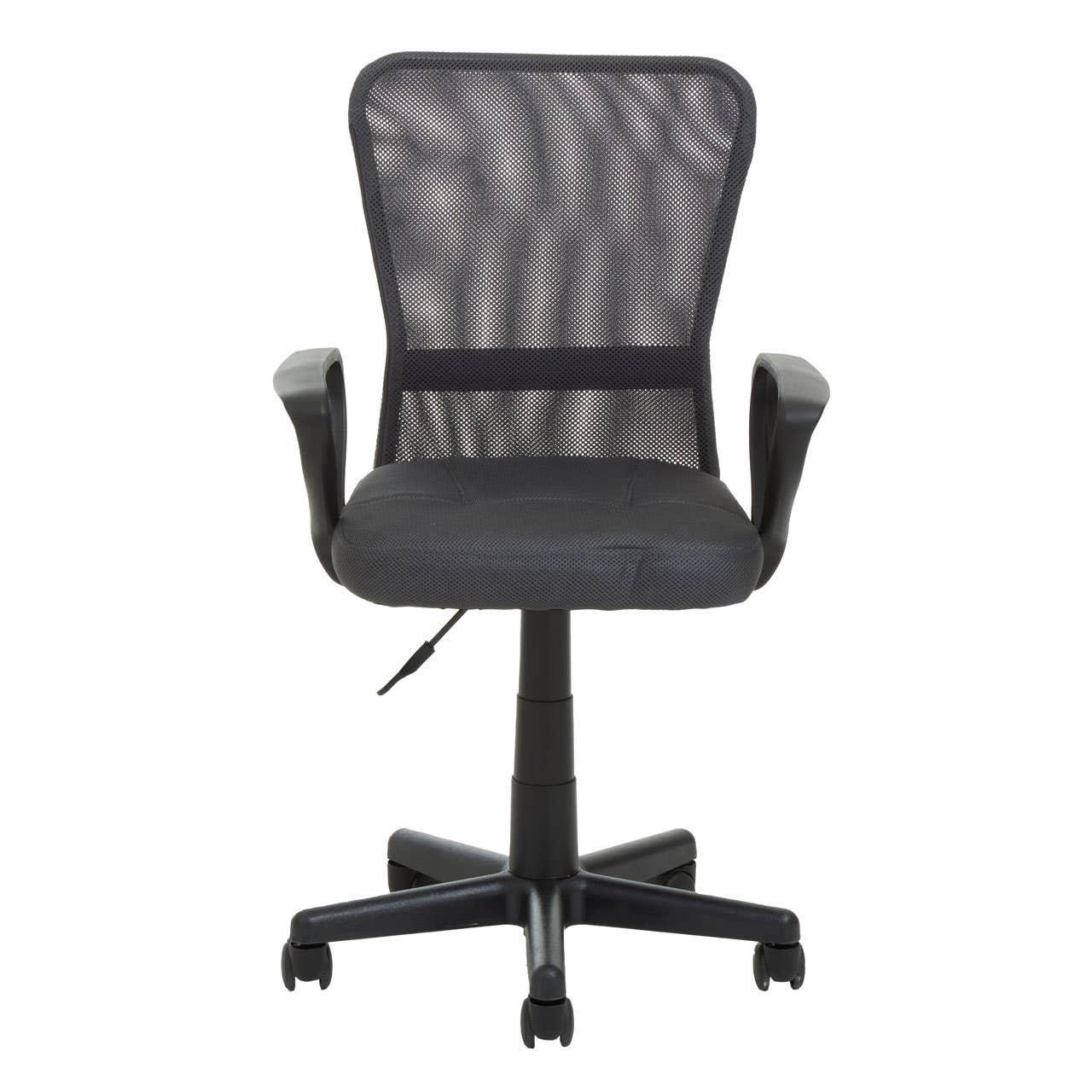 Black mesh office chair with adjustable height and armrests on caster wheels