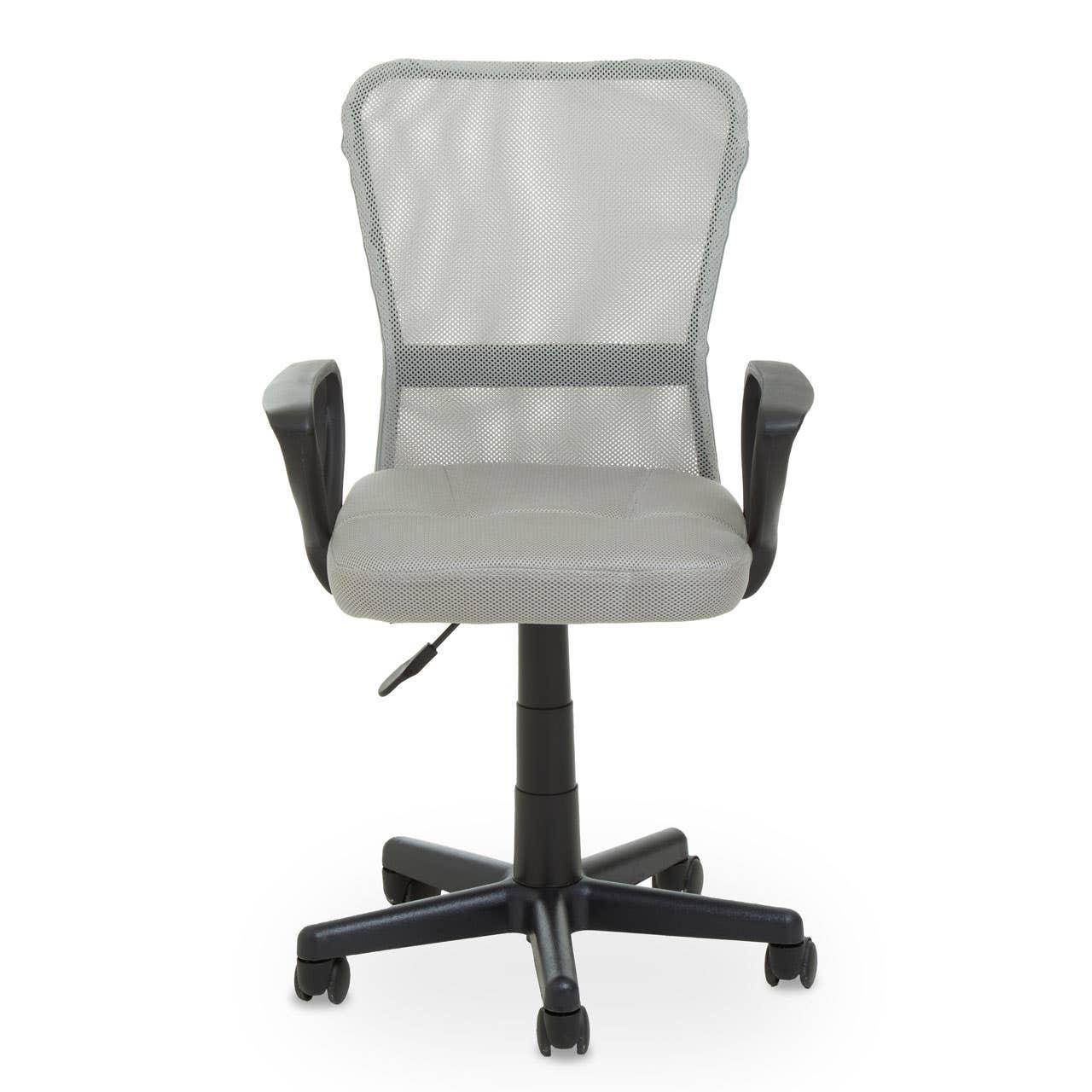 Grey mesh office chair with padded seat, black armrests and five-wheel base, front view