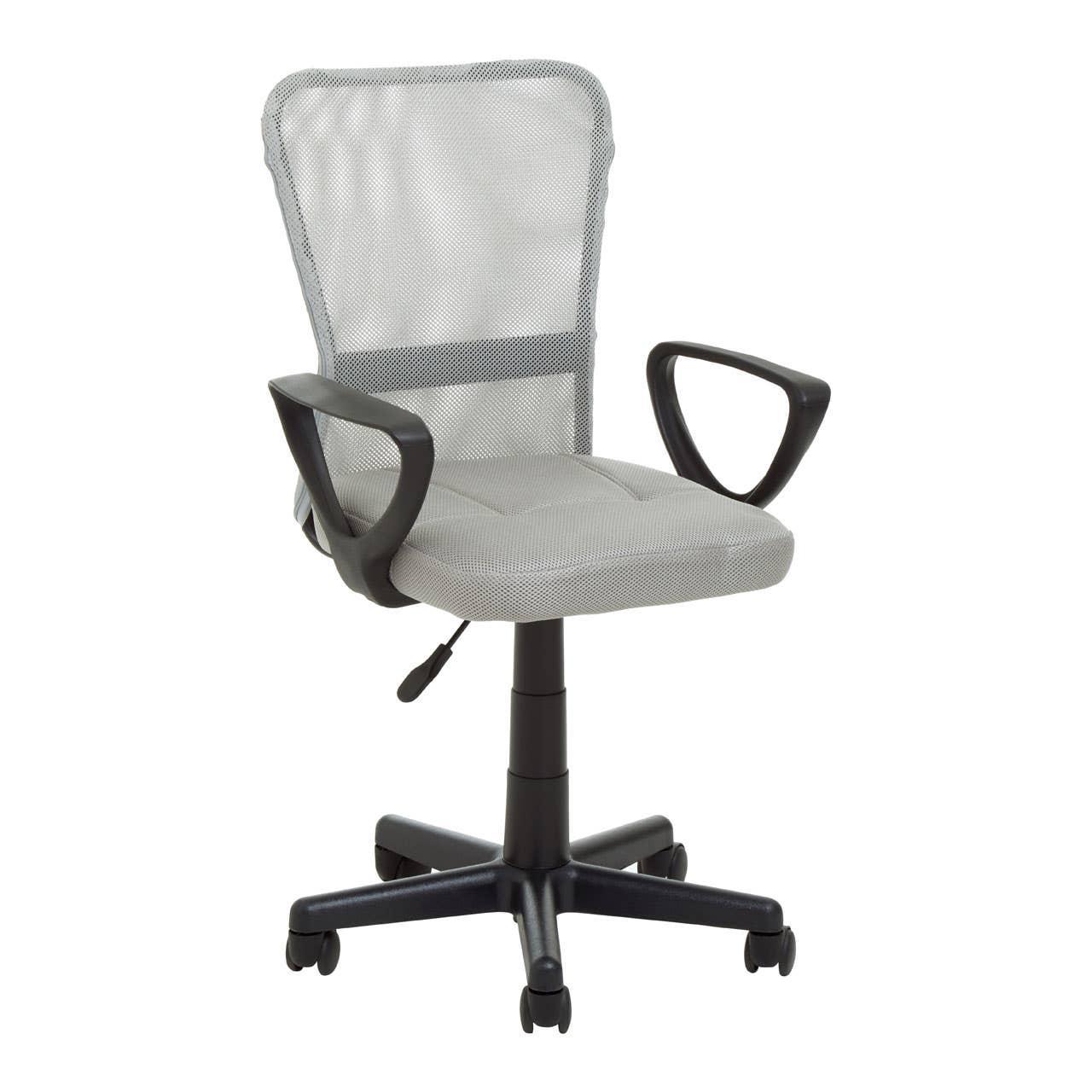 Grey mesh office chair with black arms and adjustable height on a wheeled base