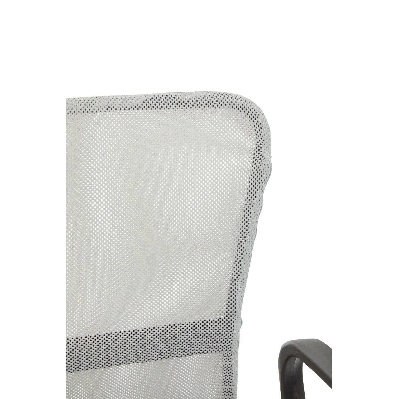Mesh office chair backrest with black plastic armrest close-up