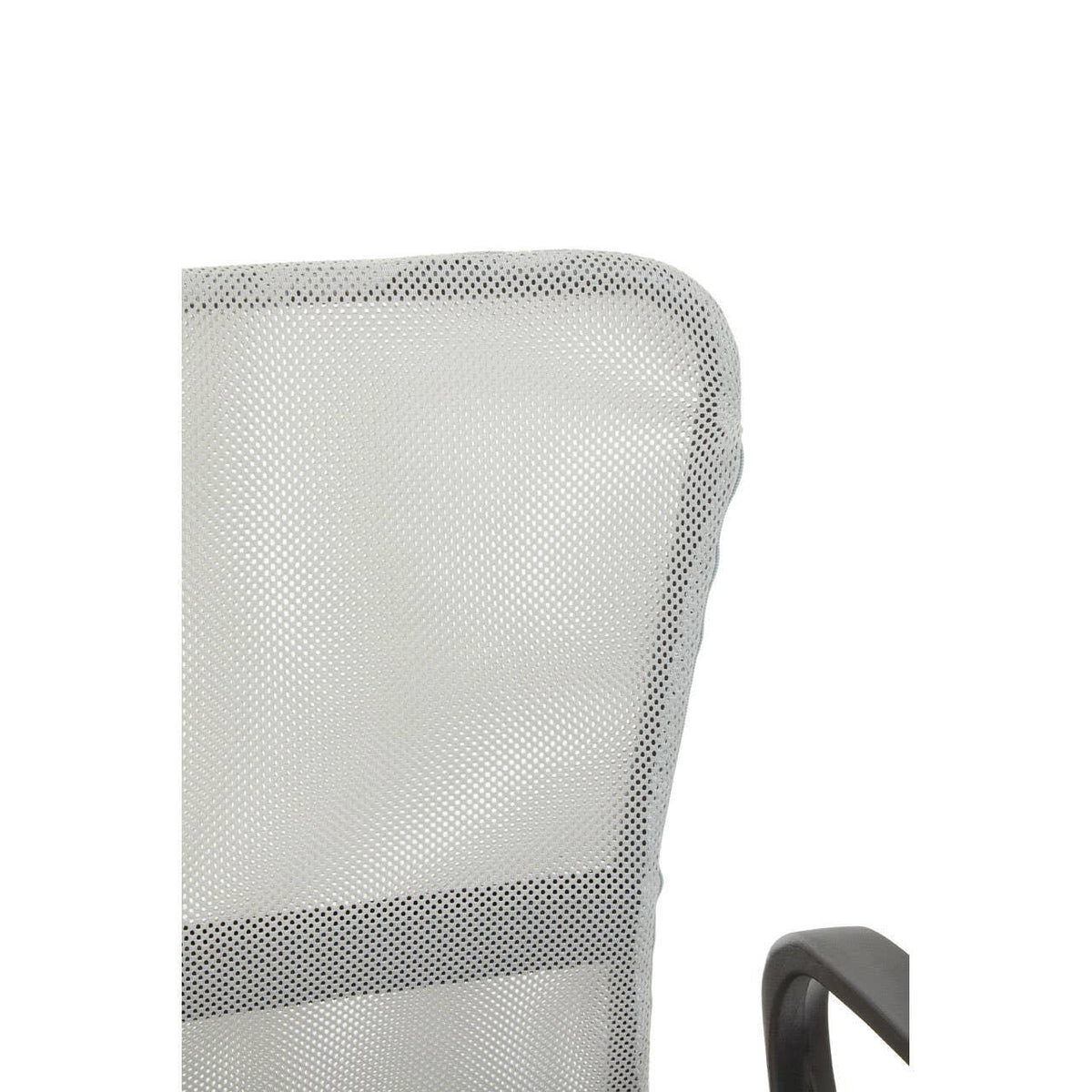 Mesh office chair backrest with black plastic armrest close-up