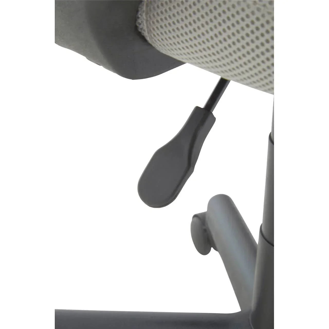 Office chair height adjustment lever with mesh seat and wheelbase closeup