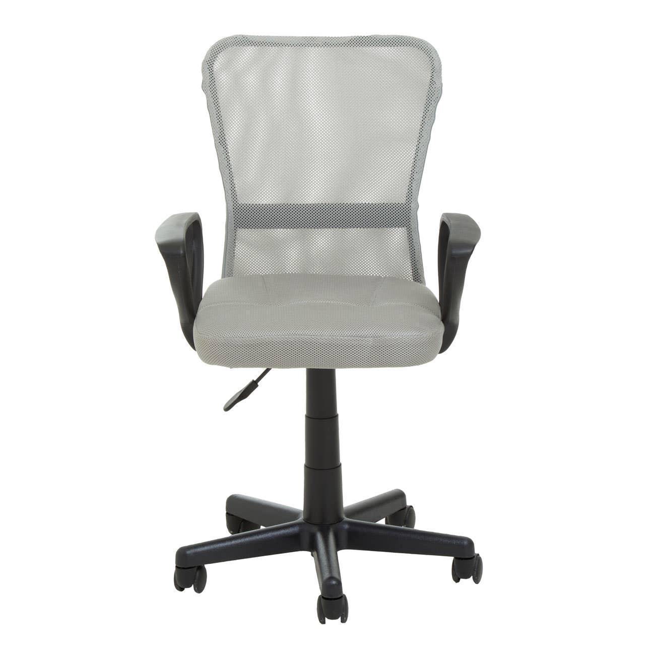 Grey mesh office chair with padded seat, armrests, and black swivel base with wheels