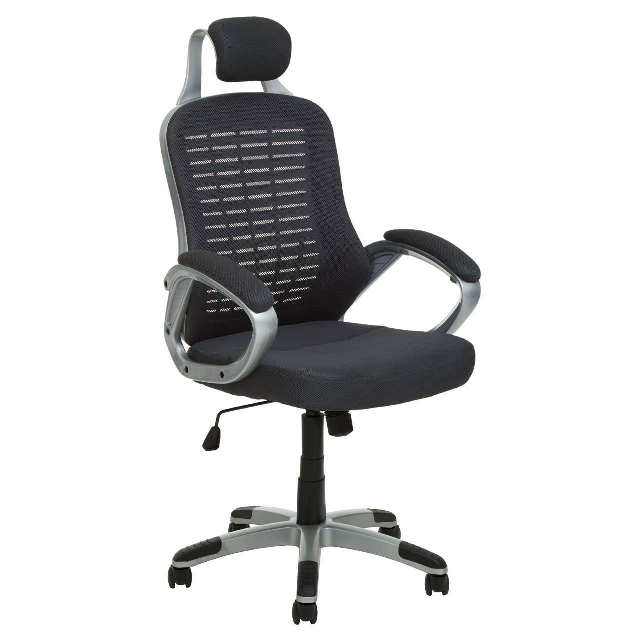 Black mesh ergonomic office chair with headrest and armrests on wheels