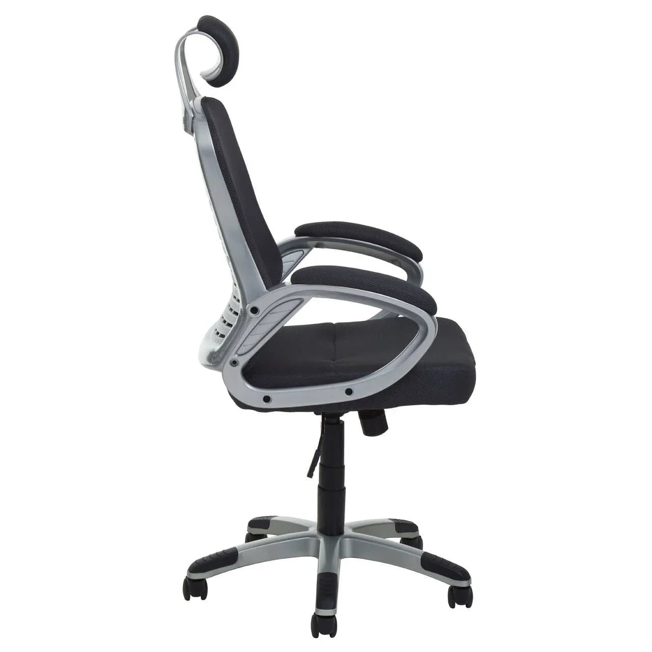 Black mesh office chair with headrest, silver frame and armrests side view