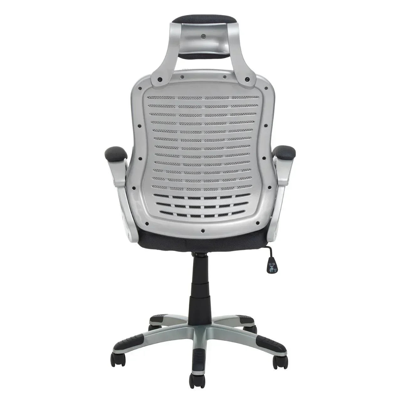 Mesh back ergonomic office chair with adjustable headrest and silver frame, rear view