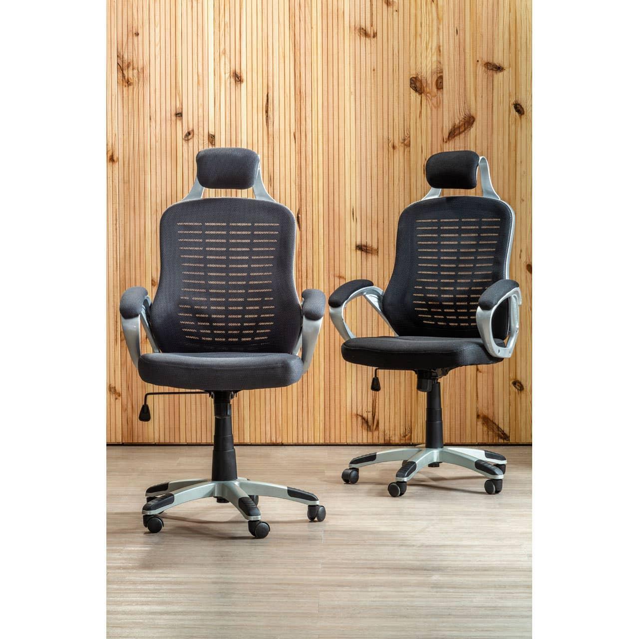 Pair of black mesh office chairs with headrests and armrests on wood floor