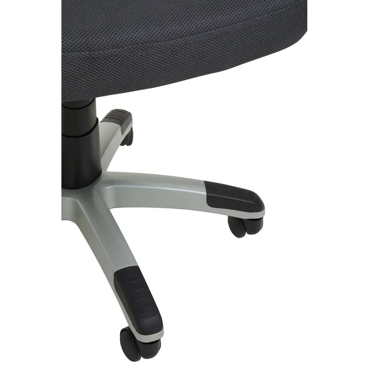 Office chair with dark fabric seat and grey five-star base with castor wheels