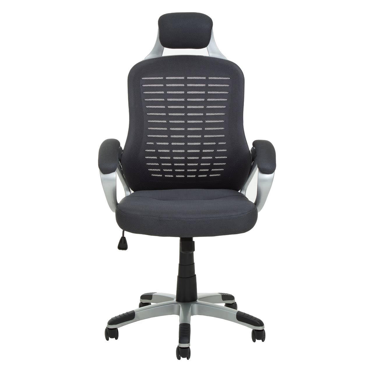Black mesh ergonomic office chair with adjustable armrests and headrest on wheels