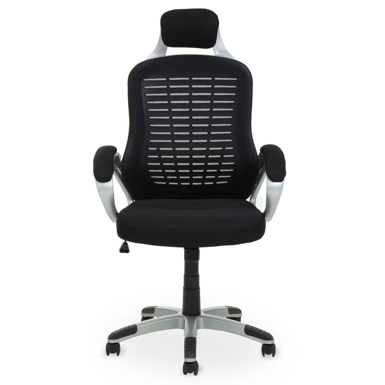 Black mesh office chair with headrest, armrests, and adjustable seat on casters