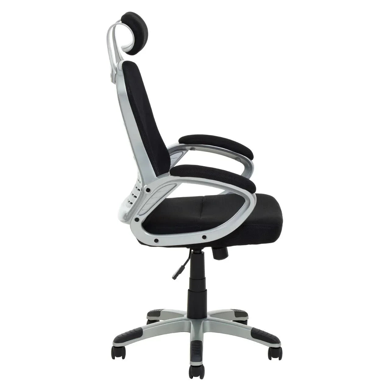 Black mesh ergonomic office chair with headrest and silver frame, side view