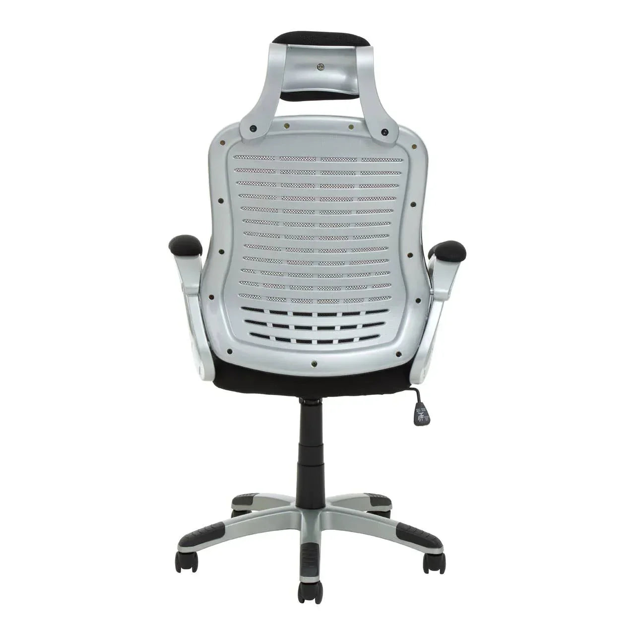 Silver ergonomic office chair with armrests and ventilated backrest, rear view
