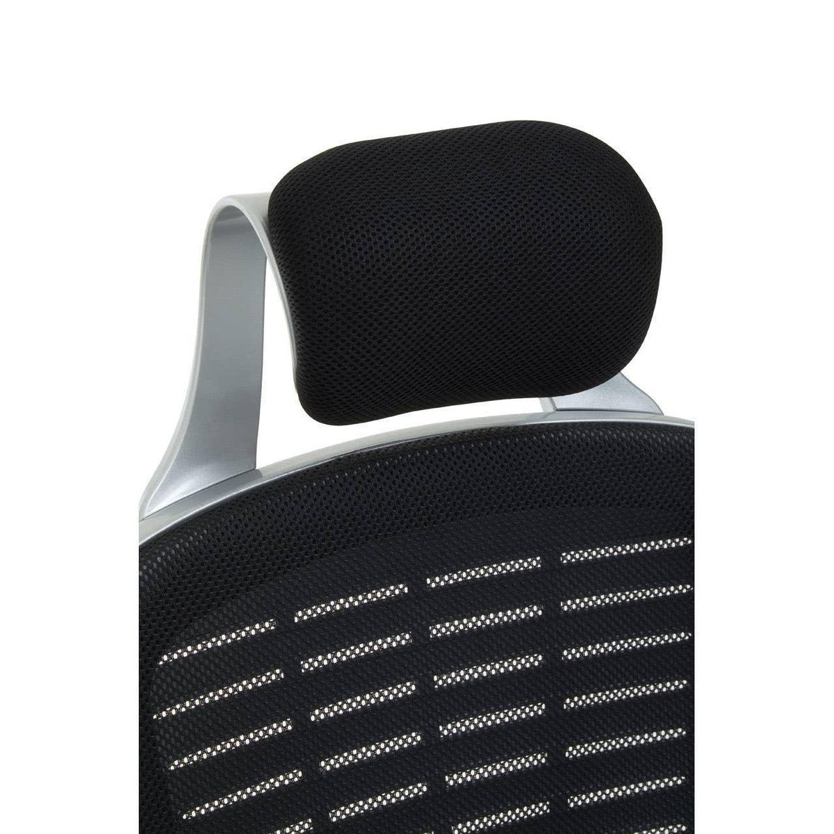 Black mesh office chair headrest with silver frame closeup