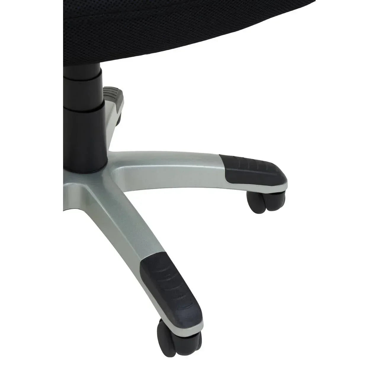 Office chair silver base with black caster wheels and curved support arms