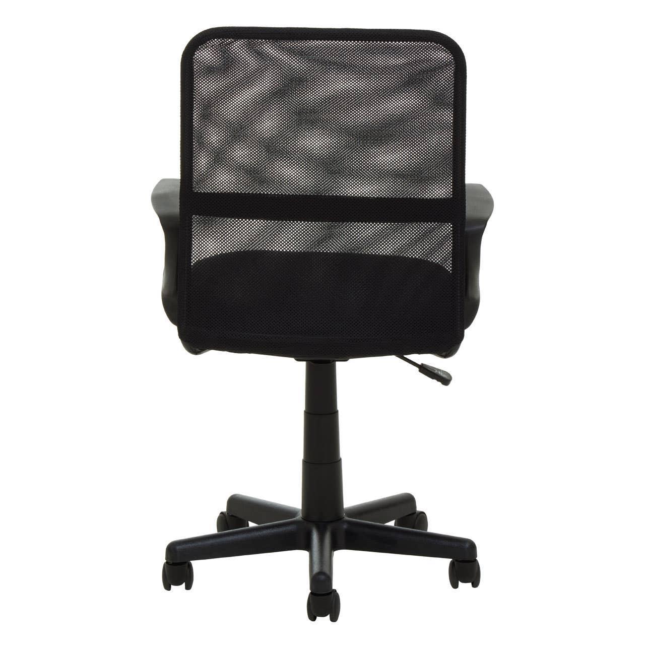 Black mesh office chair with armrests and adjustable height, rear view on wheels