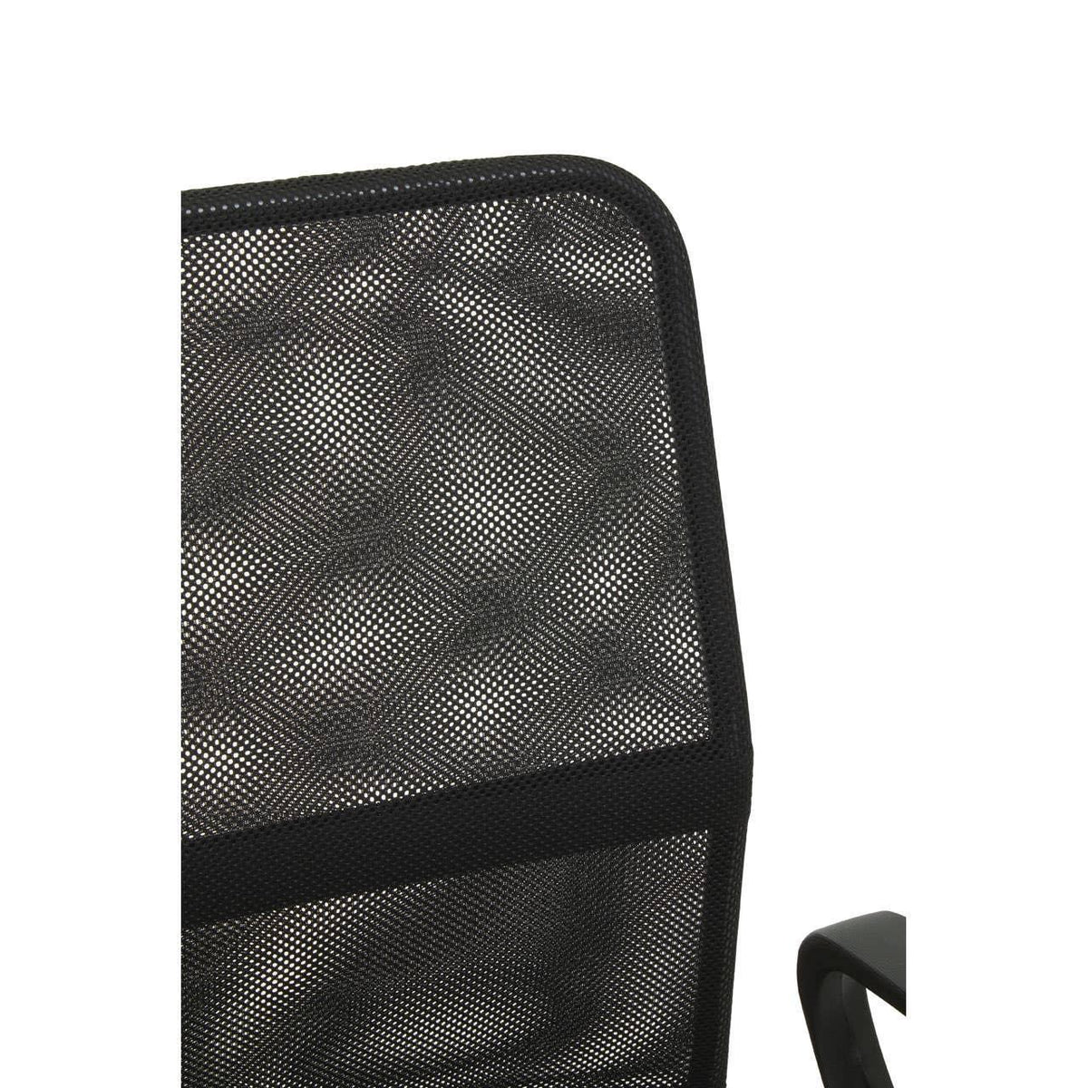 Black mesh office chair backrest with armrest close-up