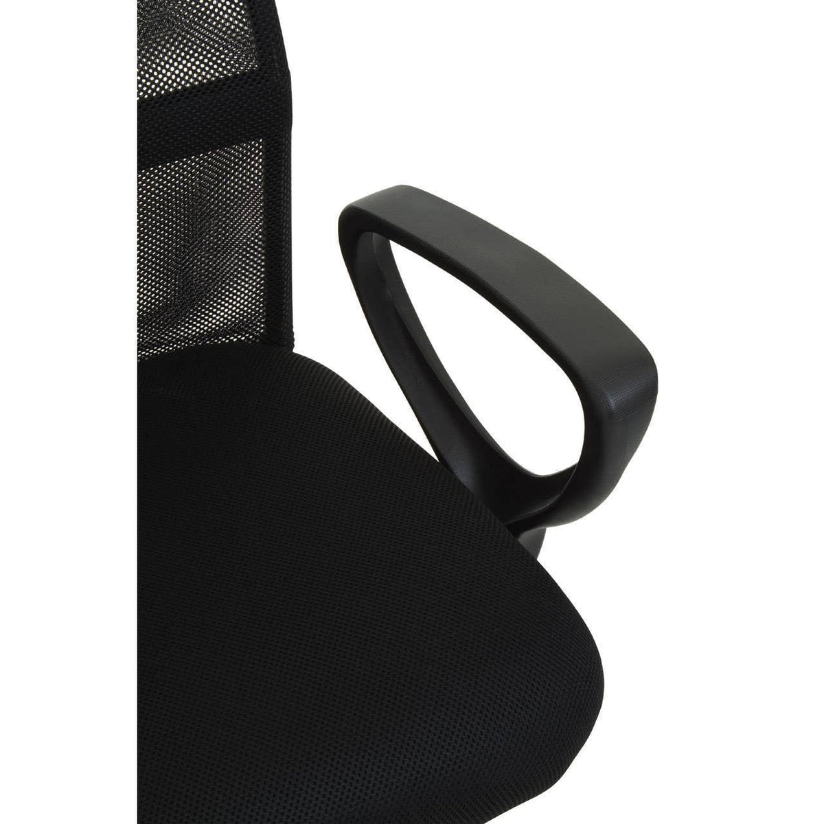 Black mesh office chair with curved armrest and fabric seat close-up
