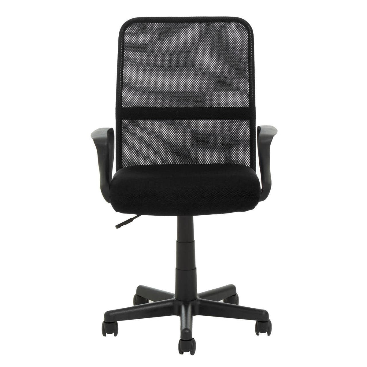 Black mesh-back office chair with armrests and five-wheel base, front view