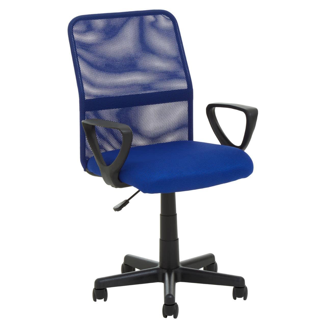 Blue mesh office chair with black armrests, adjustable seat and wheeled base