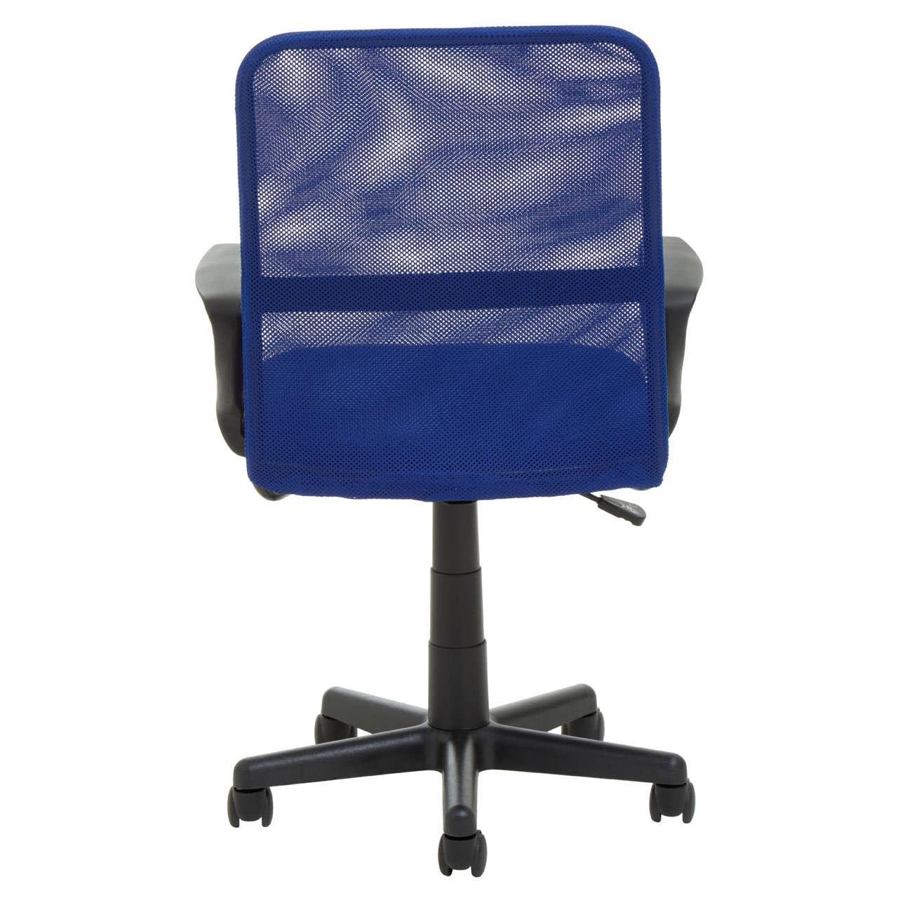 Blue mesh office chair with armrests and black wheeled base, rear view