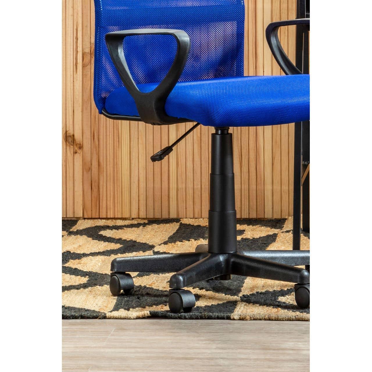 Blue mesh office chair with armrests on wheels, side view on patterned rug