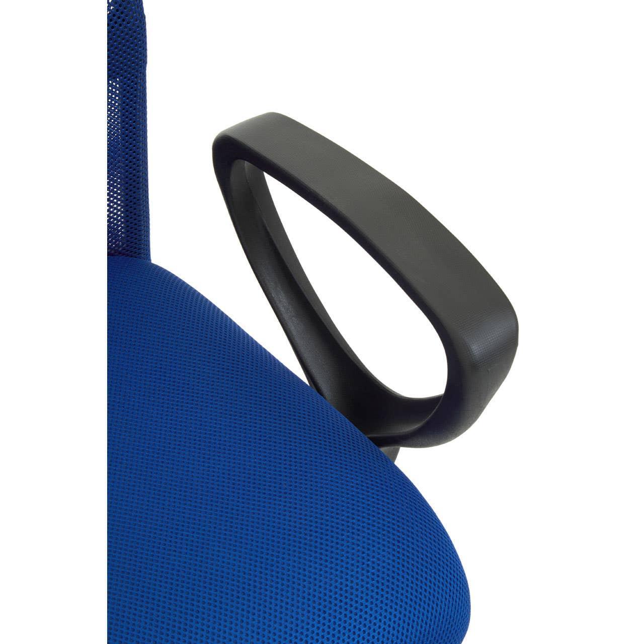 Mesh office chair with blue seat fabric and black armrest closeup