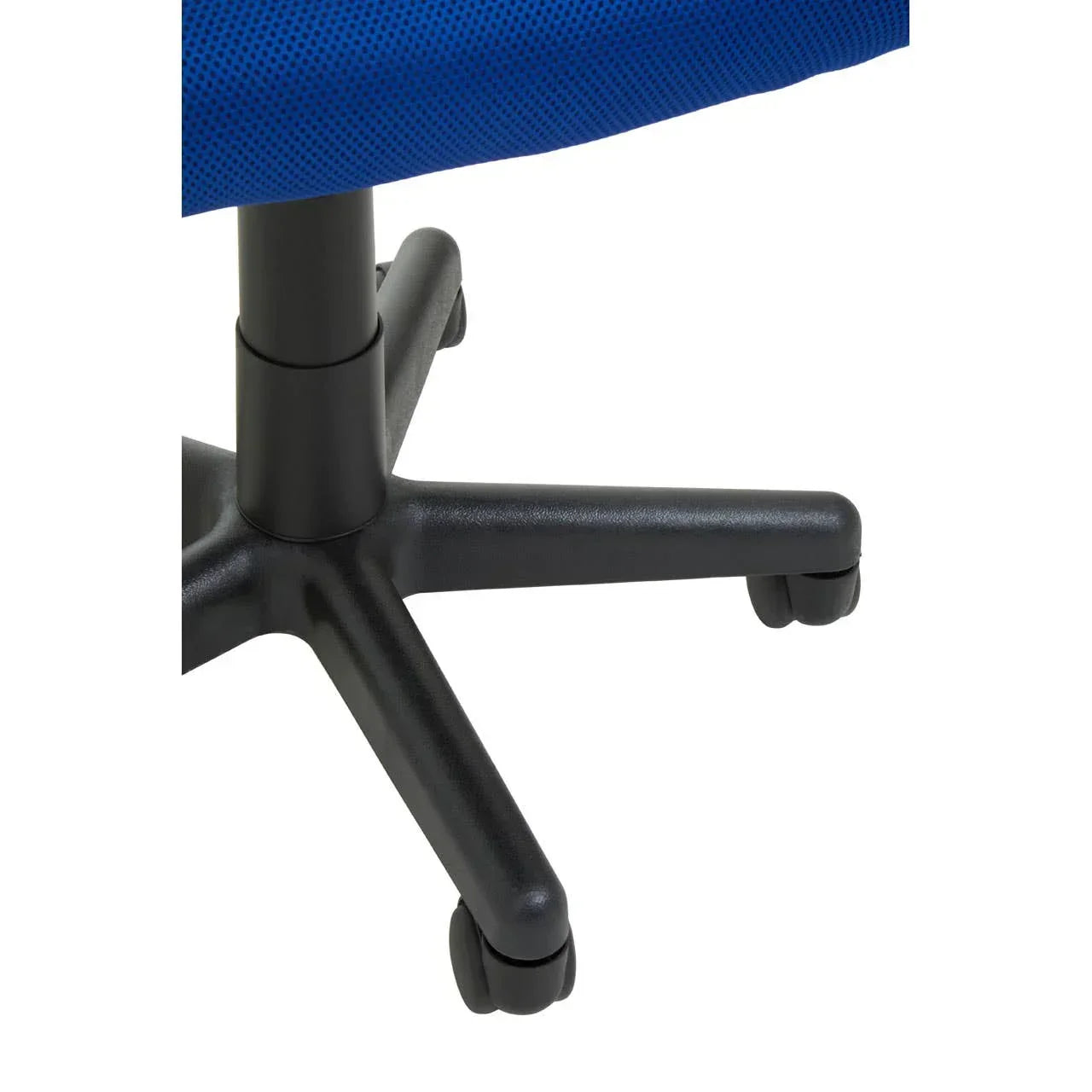 Black office chair base with wheels and blue upholstered seat close-up