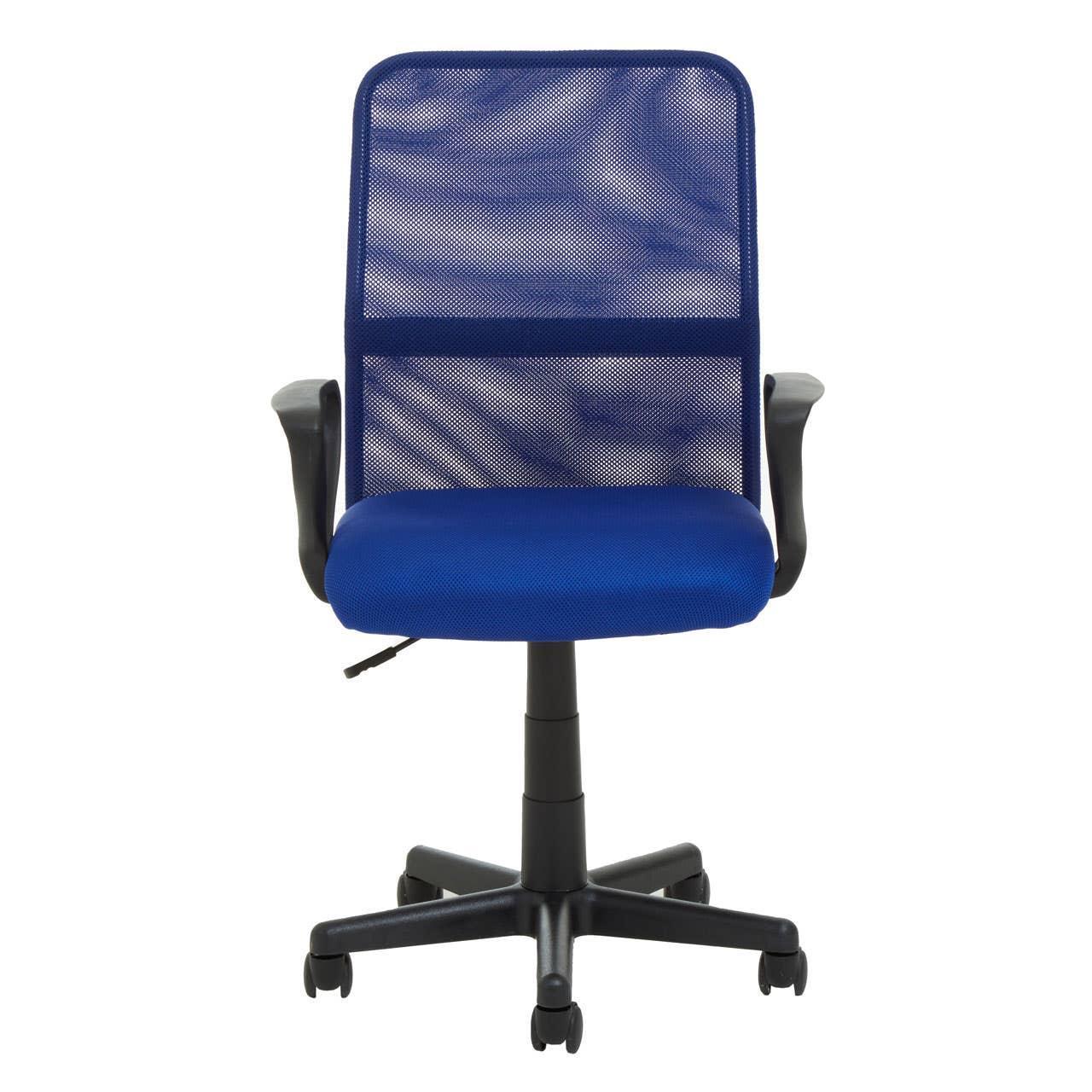 Blue mesh office chair with cushioned seat, armrests, and black swivel base on castors