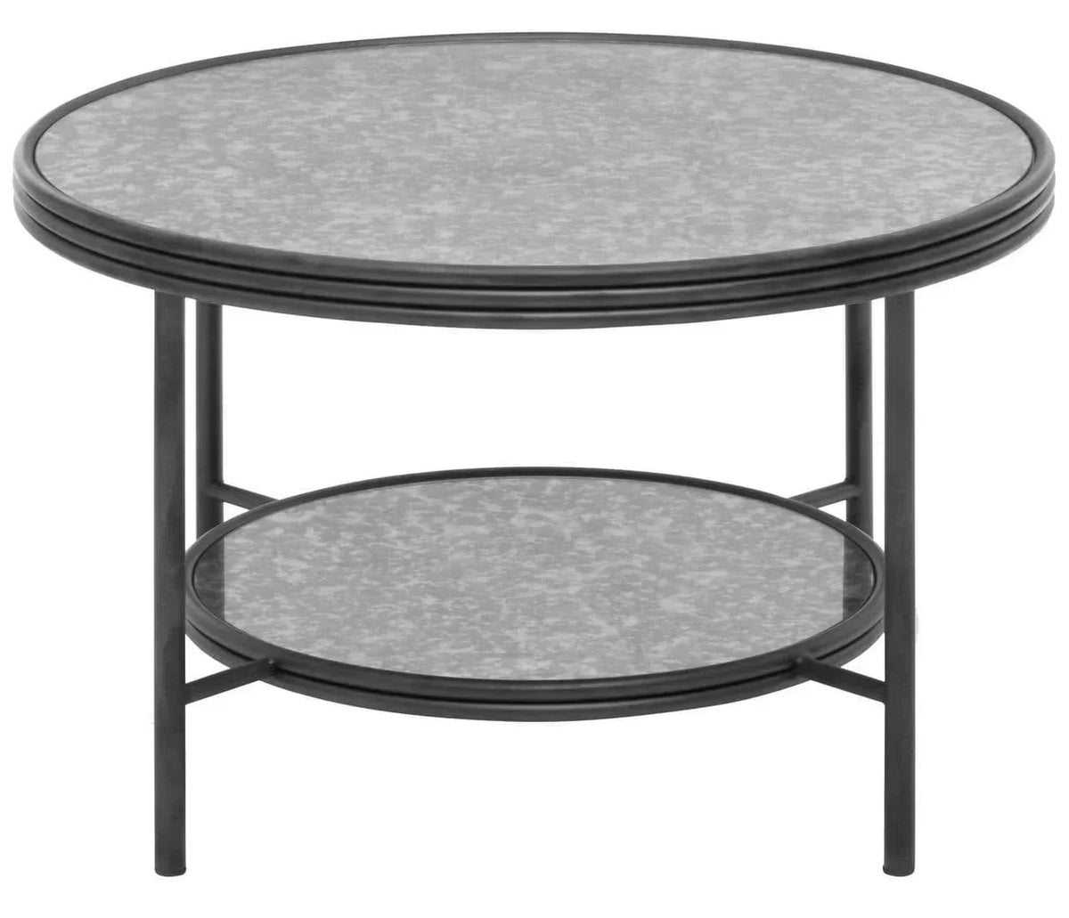 Round metal coffee table with two grey shelves and black frame, front angle view
