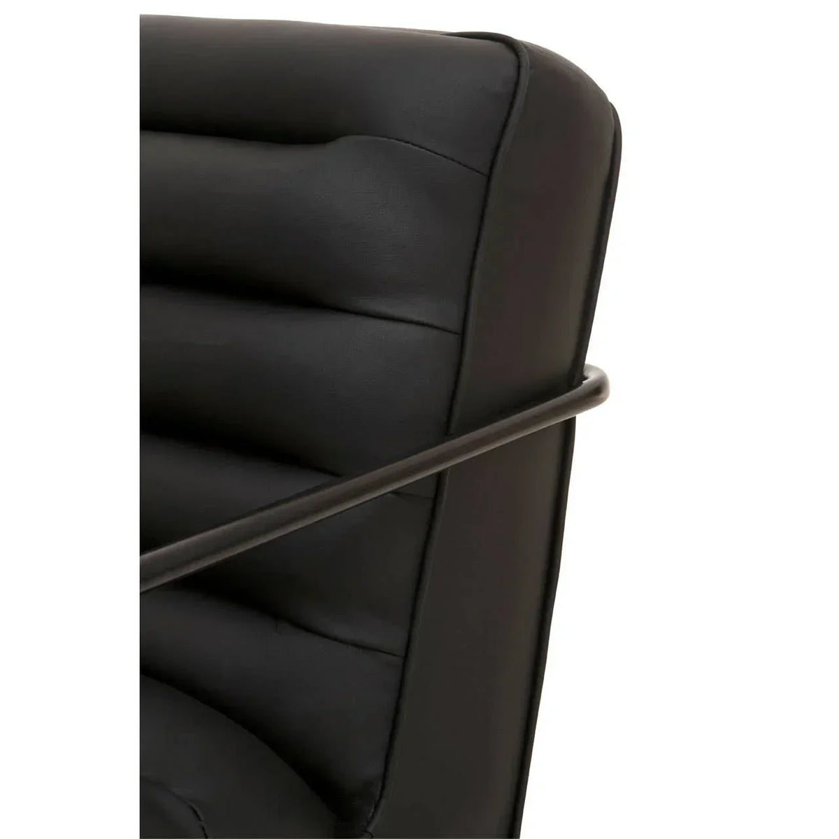 Close-up of black leather chair backrest with horizontal metal arm detail